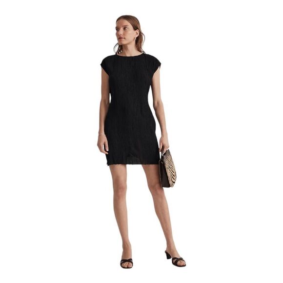 Madewell Black Plissé Pleated Mini Dress NWT Size 12 Little Black Dress Party - Picture 1 of 16